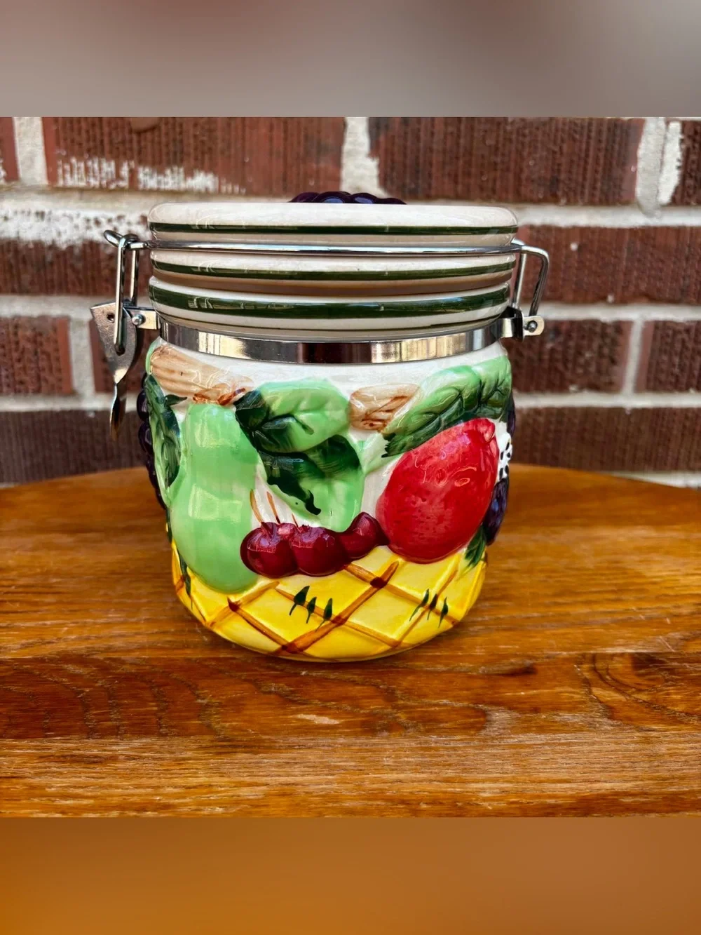 Vintage Fruit Hand painted Ceramic Canister Jar Country Cottage Decor 6 in tall